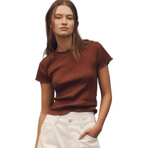 Pilcro Anthropologie Ruffle Trim Baby Tee Brown Lettuce Edge Ribbed Shirt Boho S